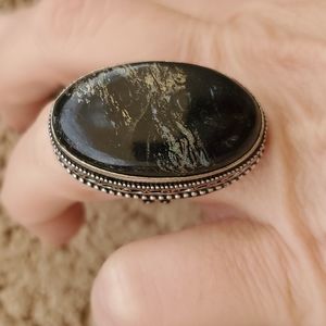 New Petrified Wood 925 Silver Statement Ring.